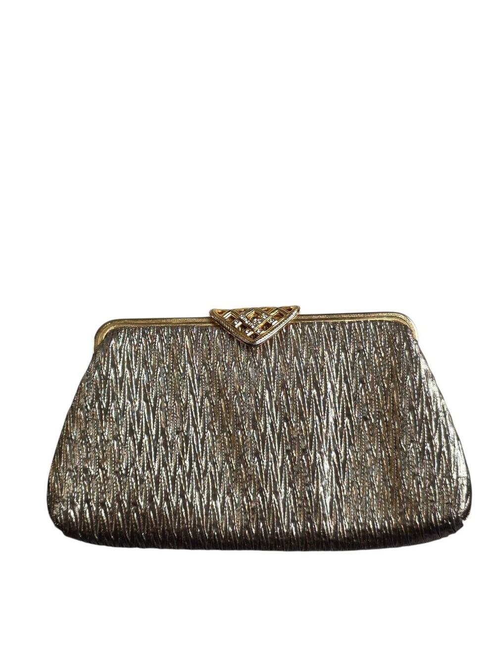 Vintage Gold Lame Clutch Evening Bag Gold Tone Metallic Heart Clasp Chain Strap